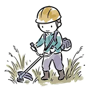 背負い式草刈り機を使って下草や雑草を刈り払うヘルメット姿の作業員