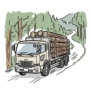 緑の山道を丸太を積んで力強く走る木材運搬トラック