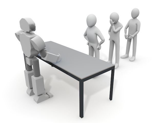 ロボットに説明を受ける人間｜面接会場受付 - テクノロジー / 技術開発 / 写真 / 3D / 科学 / イラスト / フォト / 無料 / 機械