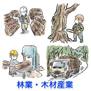 林業・木材産業の無料イラスト素材集！チェーンソーでの立木伐採や木材検品、製材加工、丸太運搬トラックなど現場作業を親しみやすい手描き風タッチで描いた商用OK・登録不要のフリー素材サムネイル画像。