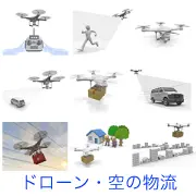 ドローンの多様な活用シーンを描いたイラスト集。荷物の宅配や物流、インフラ点検、車両の追跡や監視、ラジコン操作など、産業や生活を支える無人航空機の役割を網羅的に表現。