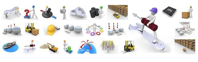 工場での加工作業や点検、スパナを持つ作業員、石油タンク、フォークリフト、歯車など、製造業やメンテナンス現場の様子を描いた3Dビジネスイラスト素材セット。