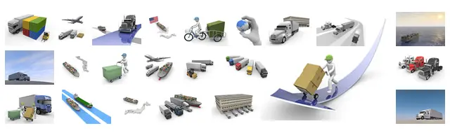 大型トレーラー、貨物船、飛行機、日本地図や地球儀を使った貿易イメージなど、陸・海・空の国際物流と輸送ネットワークを描いた3Dイラスト素材。