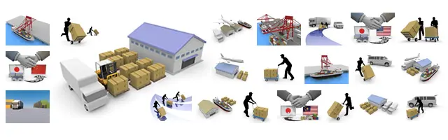 港でのコンテナ積み下ろしクレーン、国旗を背景にした貿易の握手、倉庫と配送トラックなど、輸出入と港湾物流をテーマにした3Dビジネスイラスト素材。