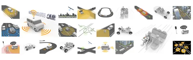 自動運転技術のイラストセット。センサーによる障害物検知、車車間通信、ハンズフリー走行、車内で読書をする乗客など、未来の交通システムと安全な移動シーンを網羅的に表現。
