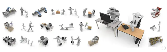 人間とロボットが共存する社会のイラストセット。ビジネスでの握手や協働、工場労働、オフィスワーク、介護支援、対等な関係性など、パートナーとしてのロボットの活躍を描写。